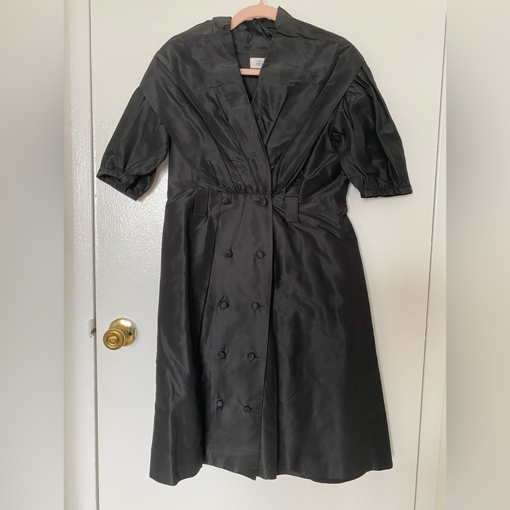 Rickie Freeman for Teri Jon Black Silk Dress with Puff Sleeves and Cowl Neck